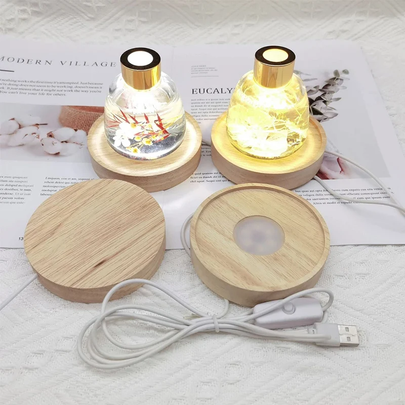 LED Lamp Holder Round Solid Wood Luminous Lamp Holder Built-In Diffusion Board DIY Night Light Base USB Power Supply Interface