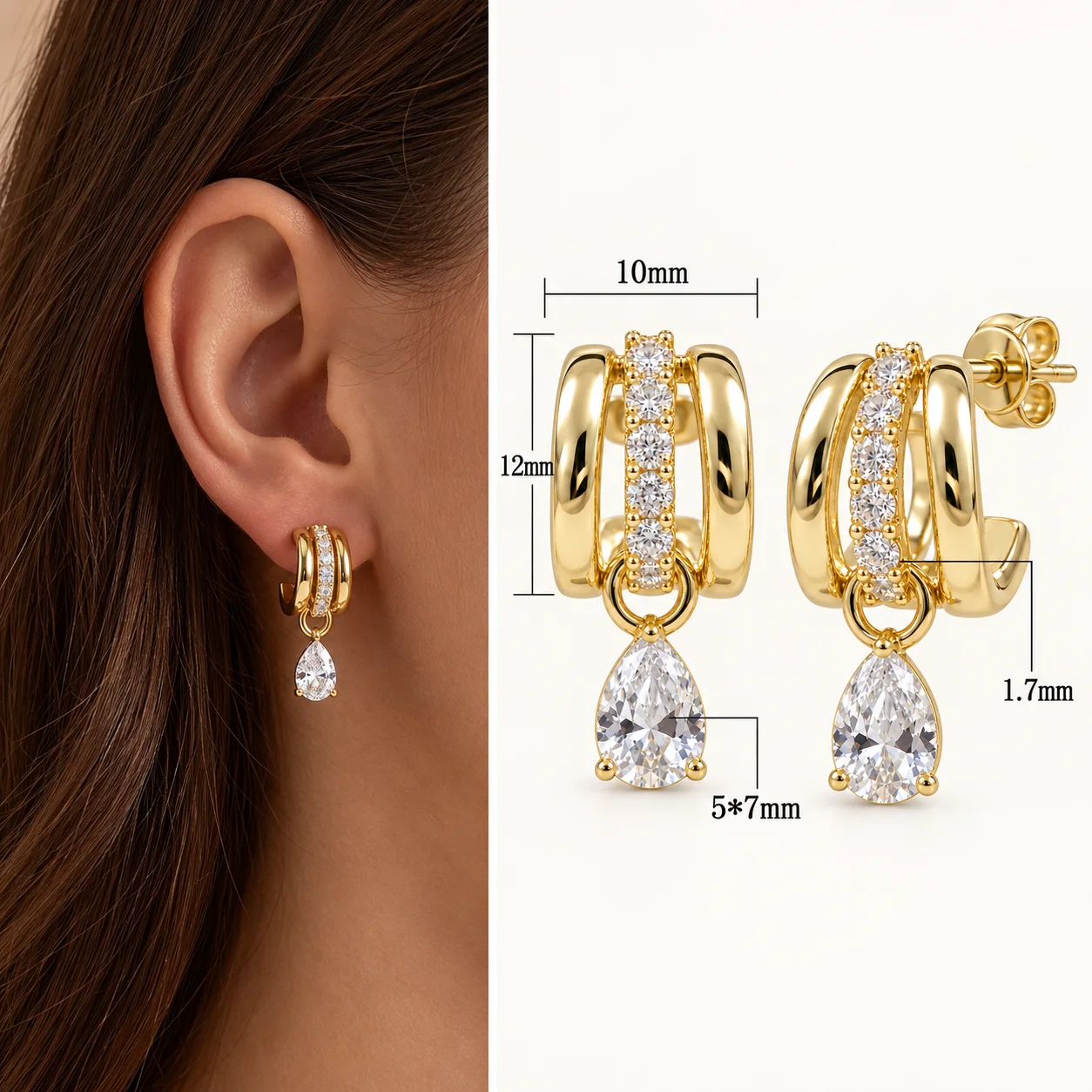 Moonmory Einzigartiges Design 5A Zirkon Tropfen-Ohrstecker für Damen Regentropfen Birne Marquise Oval Messing Huggie-Ohrringe Großhandel Schmuck – Detail 5