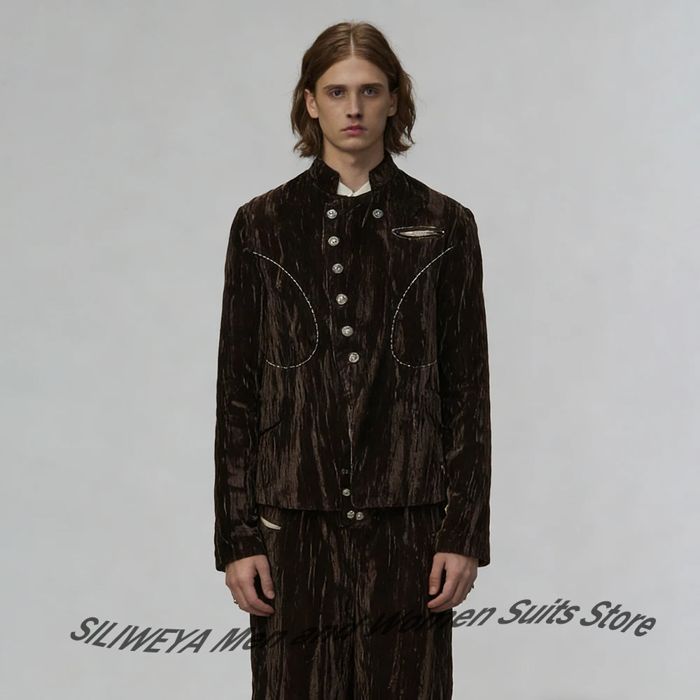 Men's Brown Crinkle Velvet Mandarin Collar Suit Single-breasted Jacket with Contrast Stitching Trendy Casual Formal 2-Piece Set
