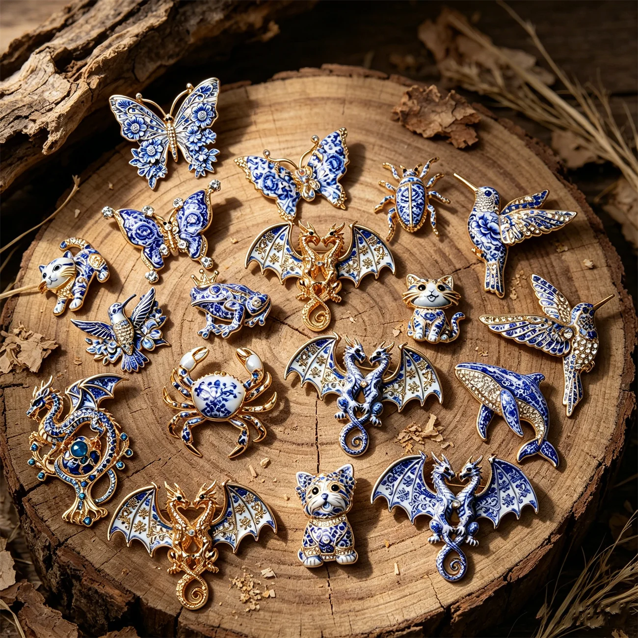 Vintage Chinese Blue White Porcelain Floral Brooches Cute Animal Series Dragon Kitten Bird Crab Lapel Pins Clothing Accessories