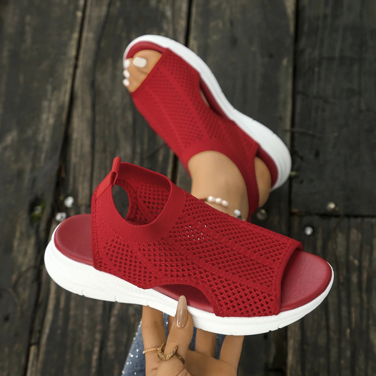 Women Sandals Breathable Knit Open Toe Shoes Comfortable Slip-On Sandals Low Heel with Durable Rubber Sole Shoes for Women image 3