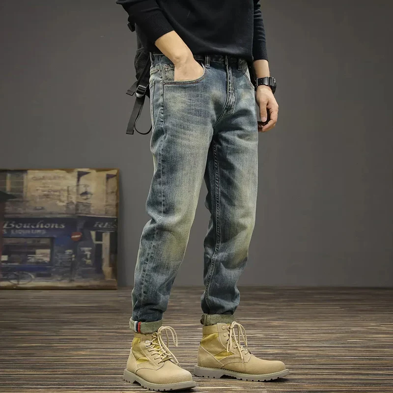 Newly Vintage Fashion Men Jeans High Quality Retro Blue Stretch Slim Fit Ripped Jeans Men Casual Designer Denim Pants Hombre