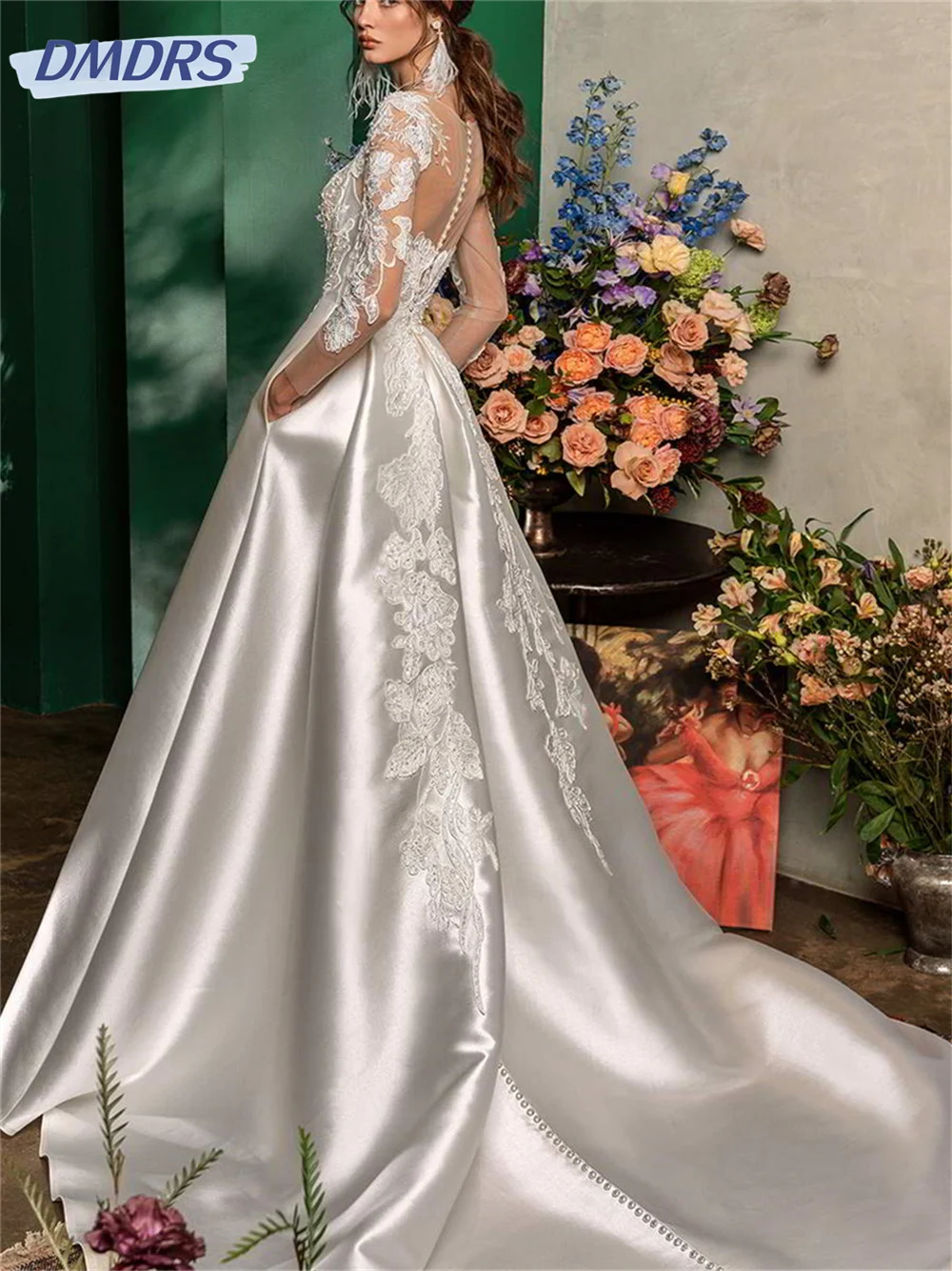 Elegante renda vestidos de casamento 2024 clássico cetim vestido de noiva simples manga longa até o chão vestidos de novia