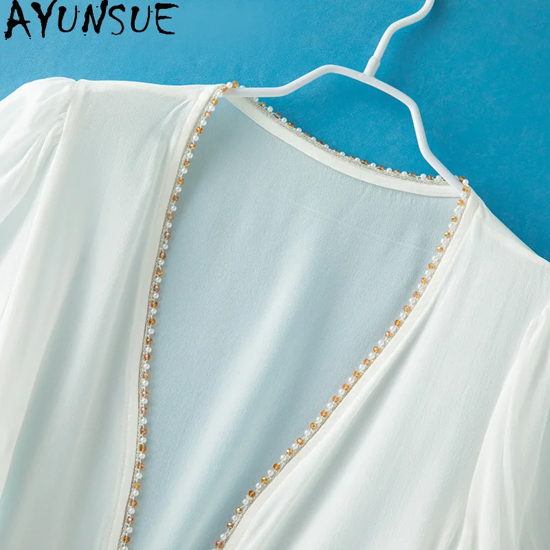 AYUNSUE Double Crepe Silk Tops for Woman Stylish White Short Sleeve Top Sunscreen Cardigan Woman Clothing Summer Ropa De Mujer