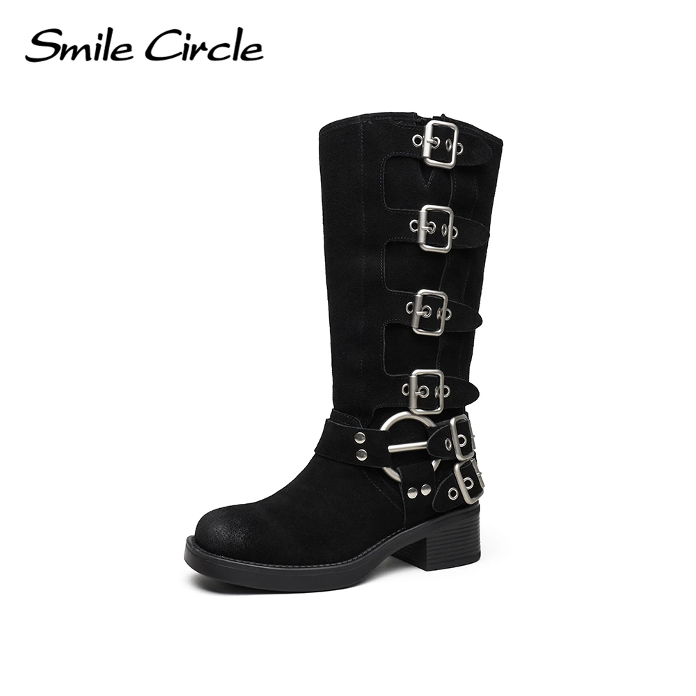 

Smile Circle Women Rider Boots Vintage Rub Colour Belt Buckle Western Cowboy Tall Boots Square Toe Women Boots