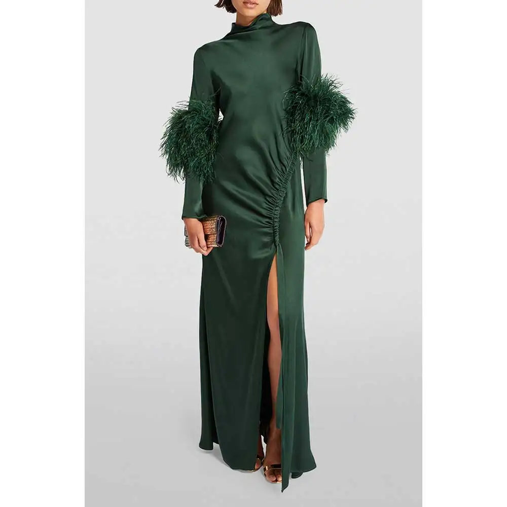 YUMDAI Luxurious Dubai Evening Gown Long Sleeve Feather Rhinestone Ball Gown 2024 Elegant Dark Green Satin Wedding Guest Dress