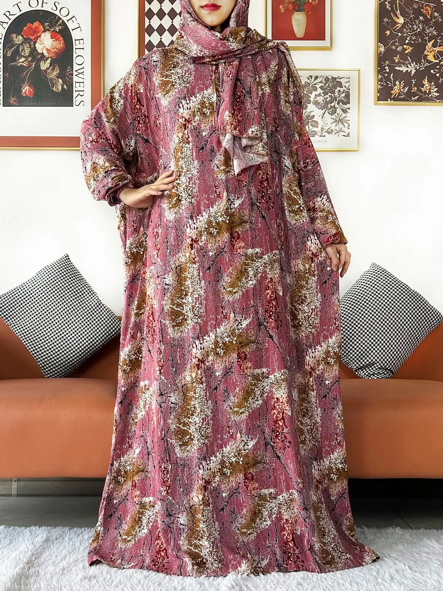 2024 musulmano floreale cotone signora Abaya Ramadan preghiera indumento Dubai turchia medio oriente Femme Robe allentato vestito africano turbante Joint