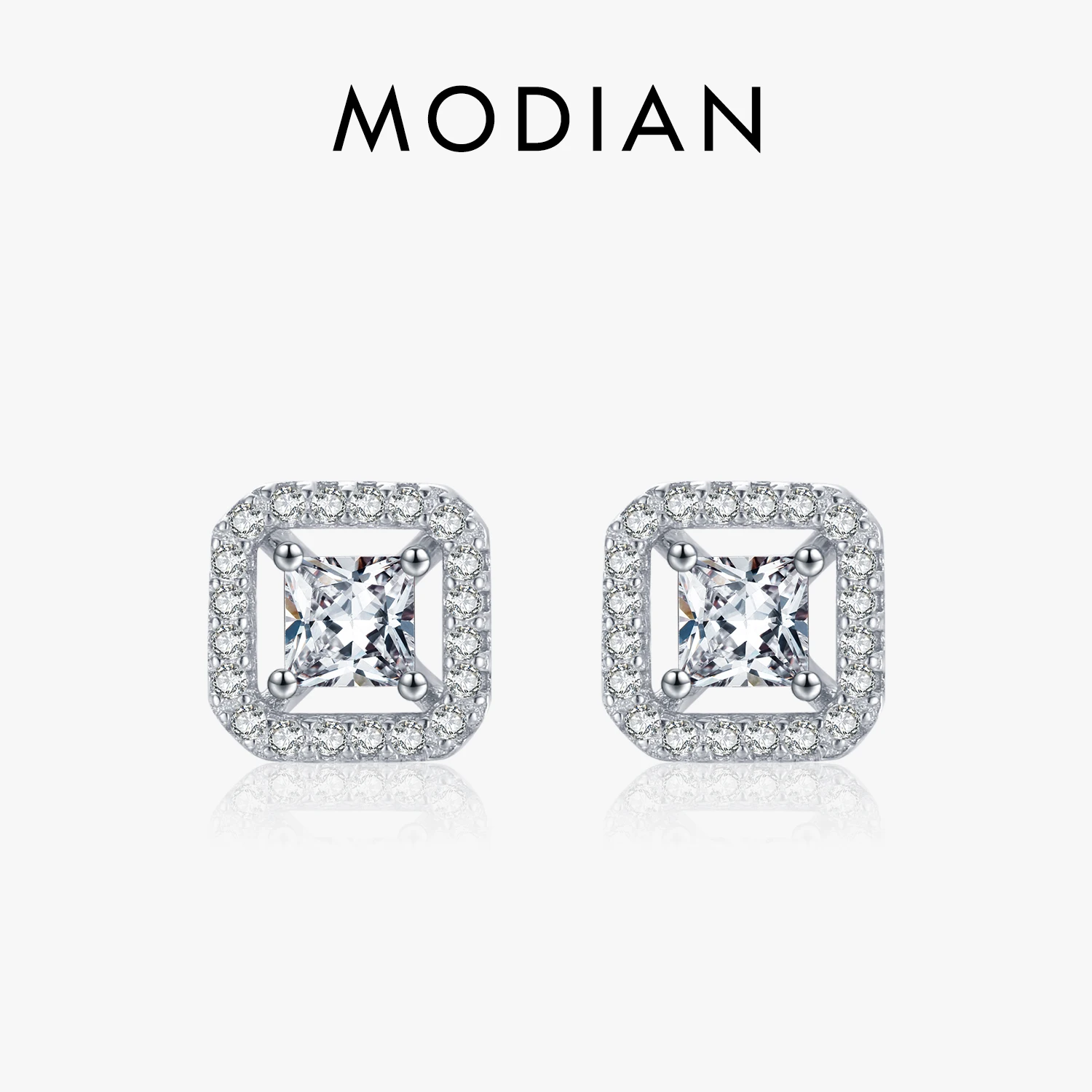 

Modian Authentic 925 Sterling Silver Twinkling Geometric Square Stud Earrings for Women Classic Wedding Engagement Jewelry
