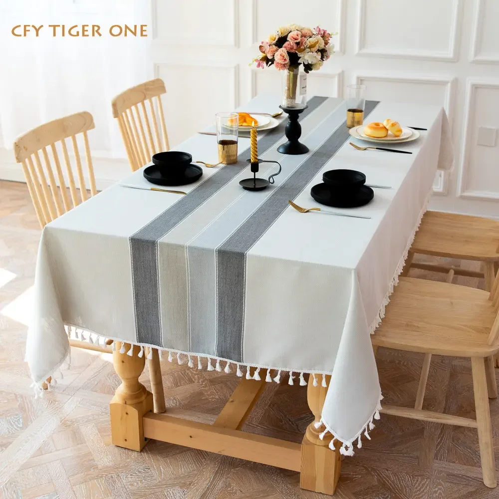 

American Cotton Linen Color Stitching Tablecloth for Table Decorate Antifouling Rectangular Tablecloth with Tassel Table Cover