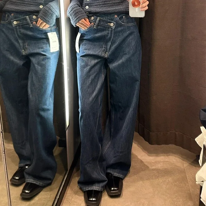 Pop ใหม่ผู้หญิง Basic Classic All-match แฟชั่นเอวสูงเอวกางเกงยีนส์ขากว้างหญิง