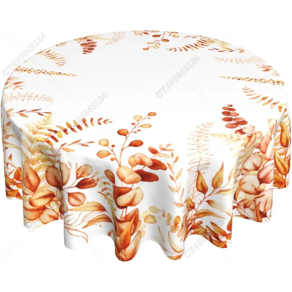 

Fall Leaf Tablecloth 60Inch Round Autumn Watercolor Burnt Orange Eucalyptus Leaves Floral Print Table Cloth Cover