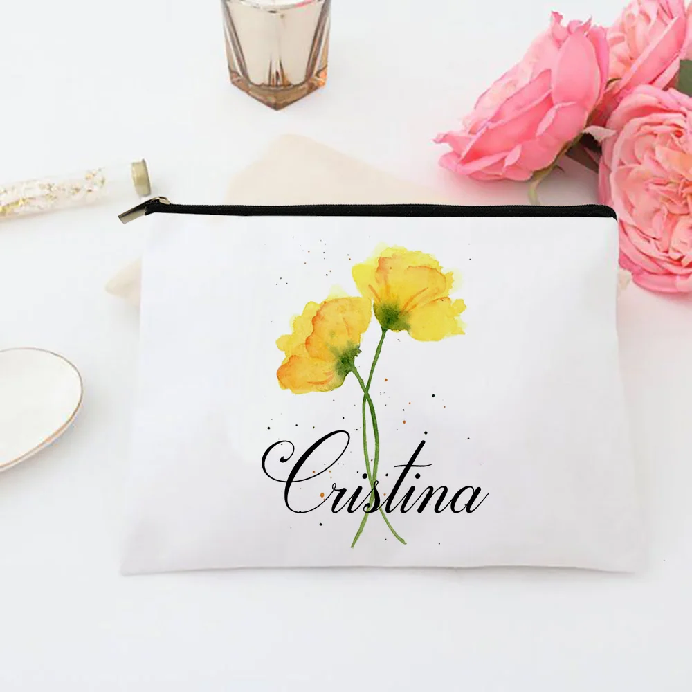 Personalized Flower with Name Canvas Makeup Case Cosmetic Bags Zipper Toiletries Pouch Bridesmaid Teacher Mother Gift for Her