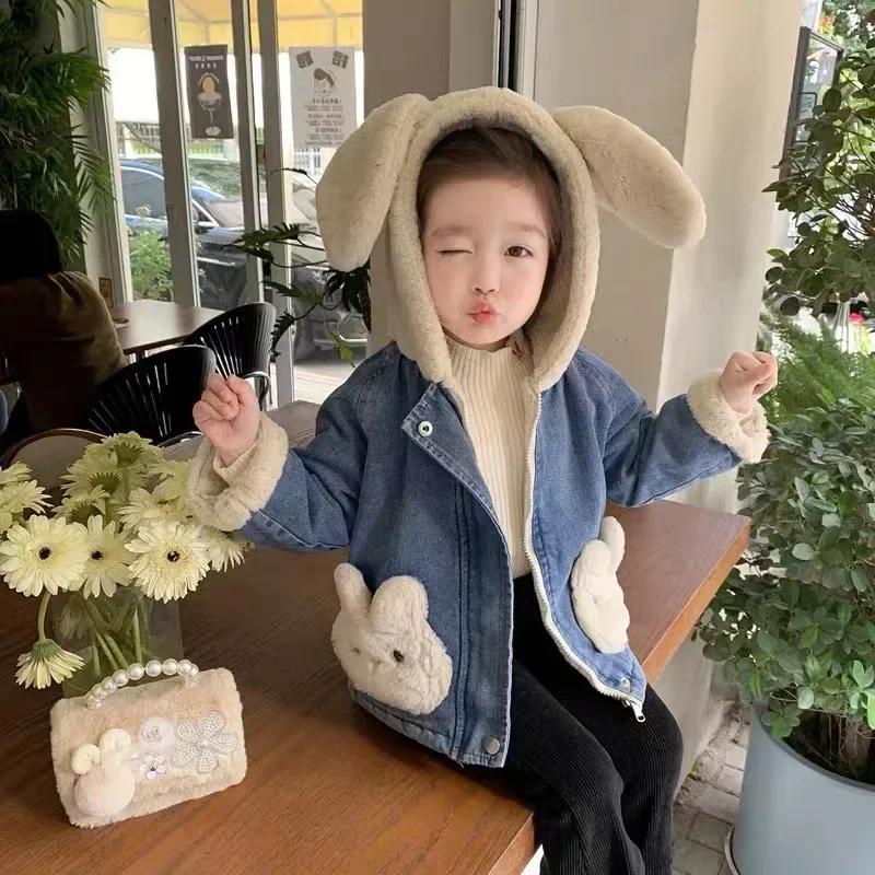 Girls Coat Cashmere Thick Denim Coat Winter Foreign Style Children Female Treasure Winter Cotton-padded Coat Fashion Top