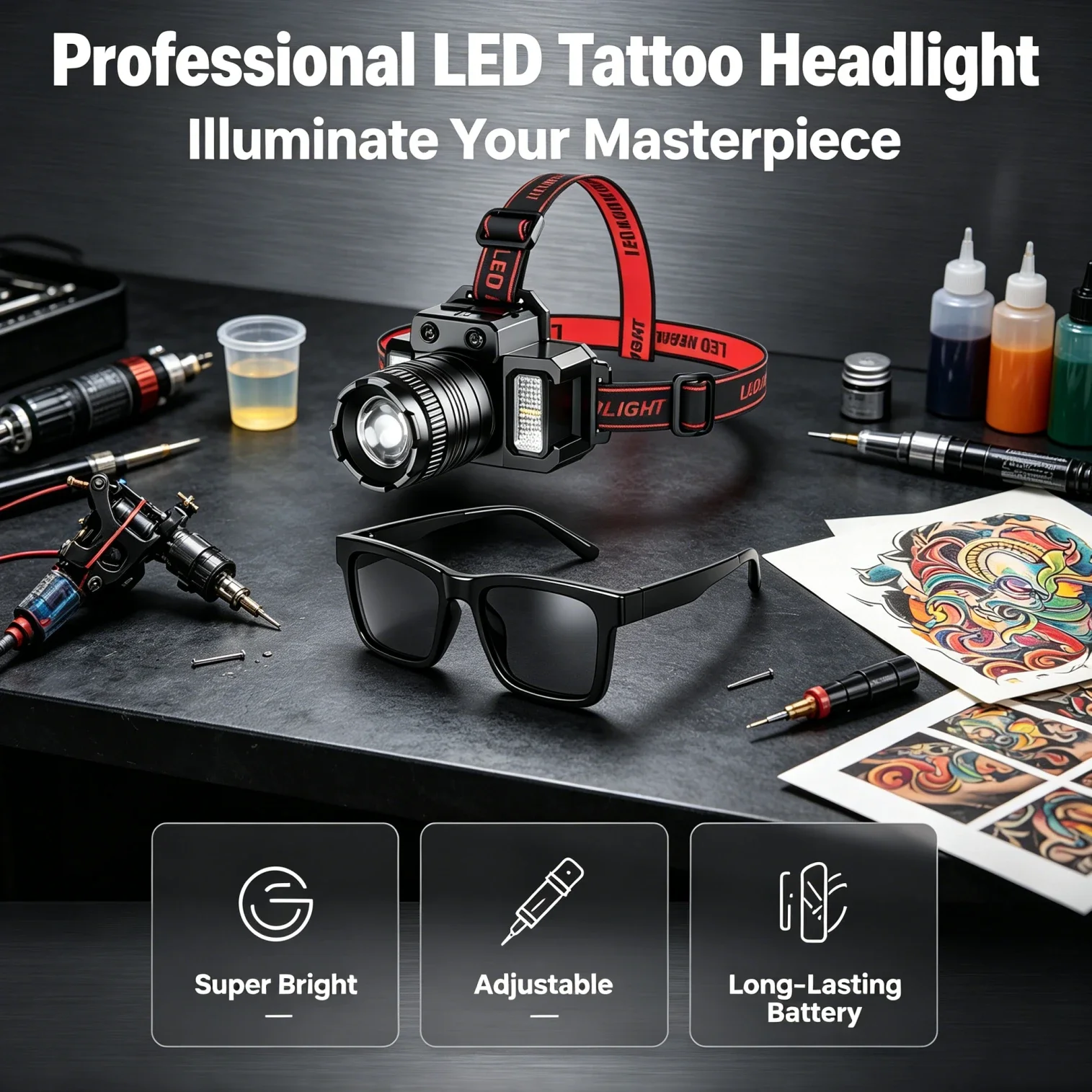 Tattoo Headlamp with Polarized Glasses, Rechargeable LED Tattoo Work Light Kit, Anti-Glare Hands-Free Lighting for Tattoo Artist
