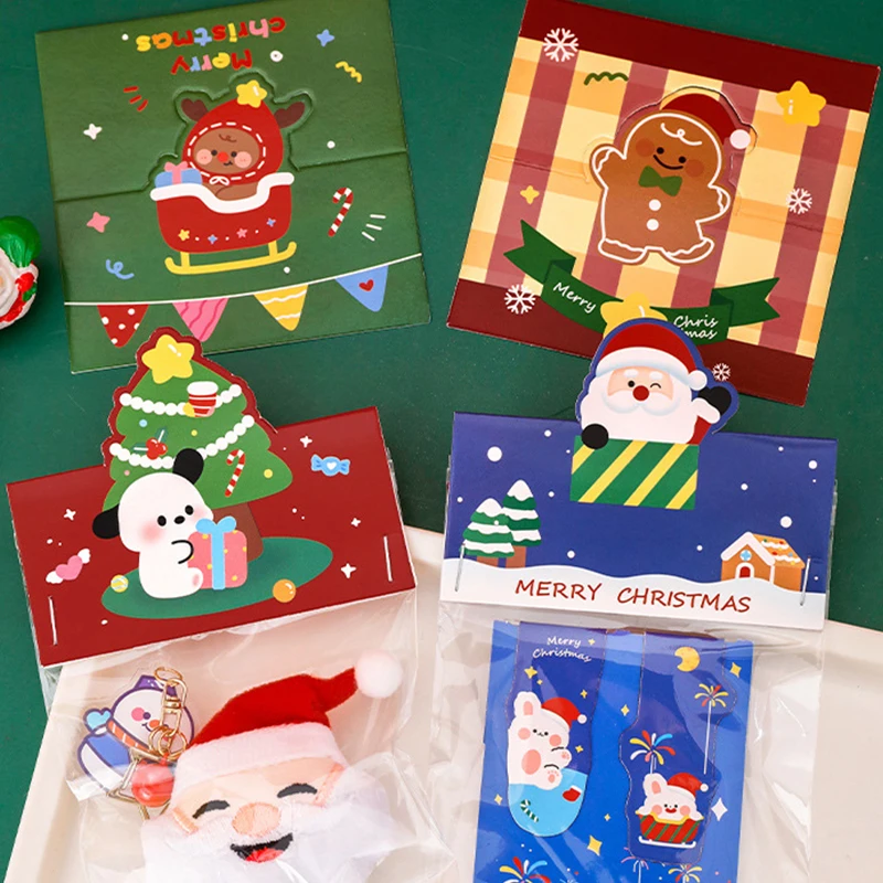10 Uds. De cartón plegable de Navidad, bonito dibujo de Papá Noel, árbol de Navidad, hombre de jengibre, tarjeta, regalos de papel, Material de embalaje