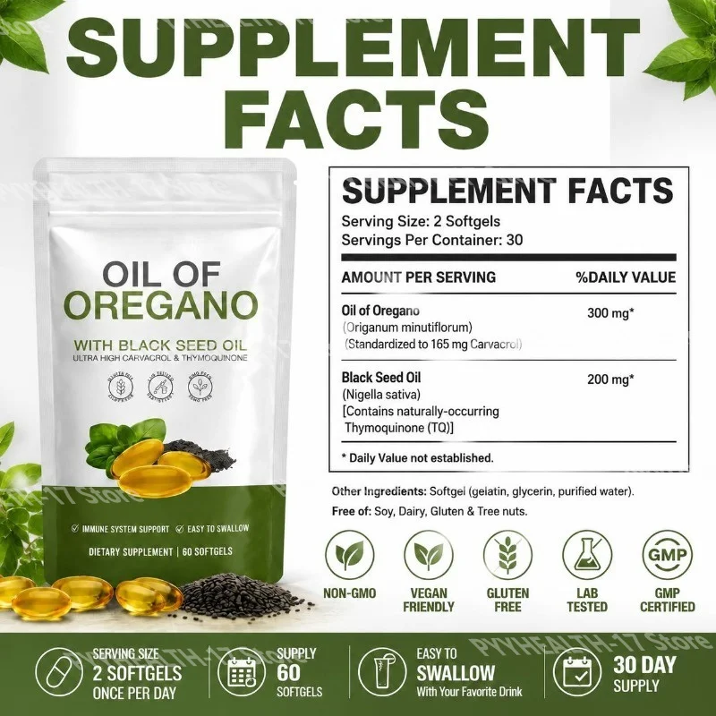 Oil of Oregano with Black Seed Oil Softgels Immune System & Digestive Balance Support with High Carvacrol & Thymoquinone 60Count
