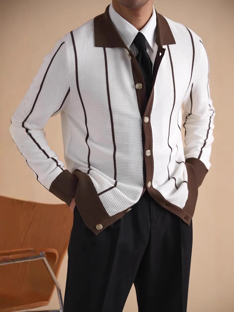

Spring Autumn Busin Gentleman Retro Knitted Open Cardigan Men Fine Easy to Manage Collar Long Sve Faion Striped Jae...