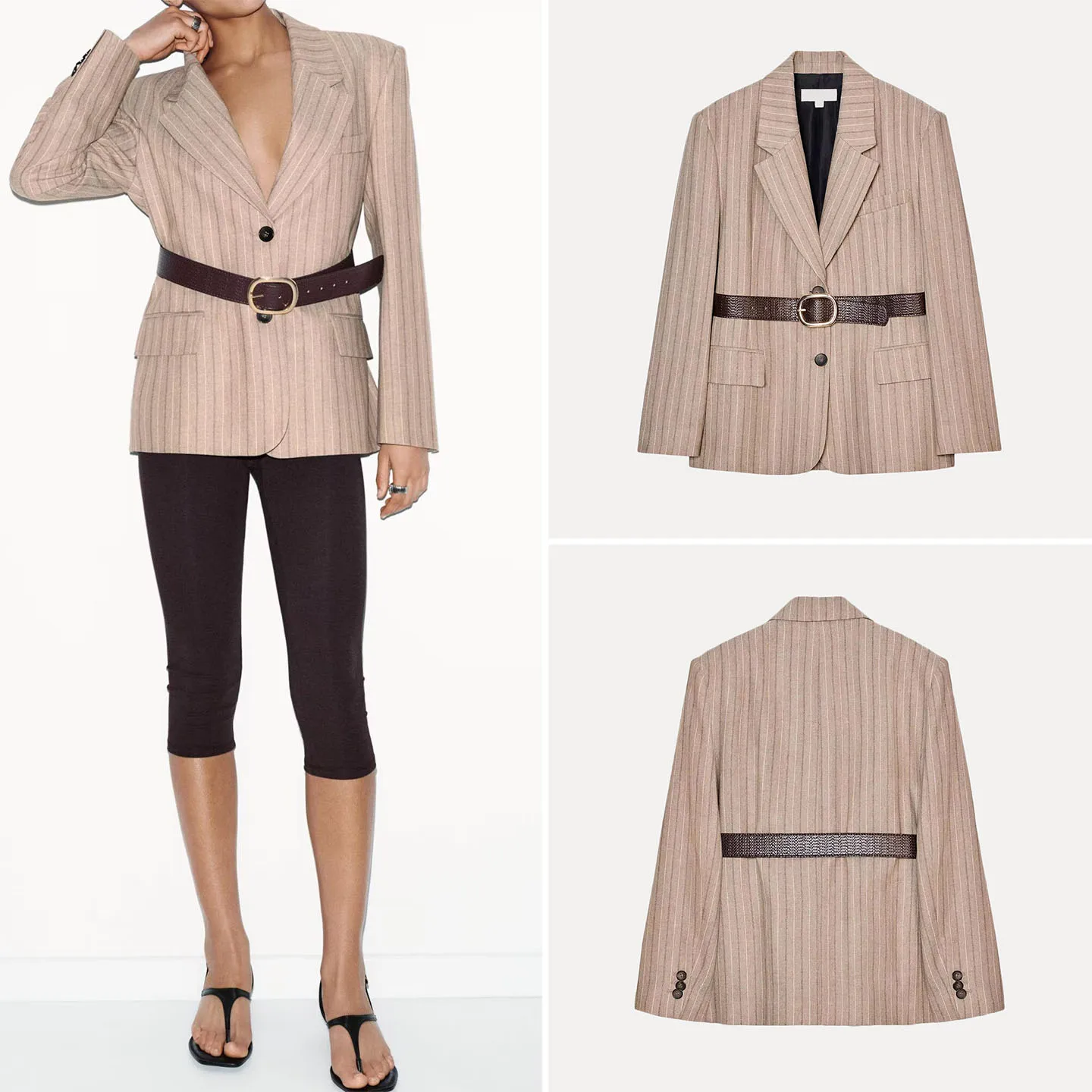 

Women's Spring 2026 Long Sve Cheered Suit Jaet with Belt Faionable Casual Wear ZDATA Brand Ele Busin Sle