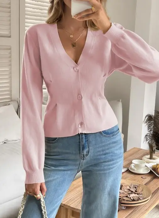 

Korean Elegant Women's Shirt Top Slim Fit Long Sleeved Knitted Sweater Elegant Autumn Women's Slim Fit Button Knitted Sweater