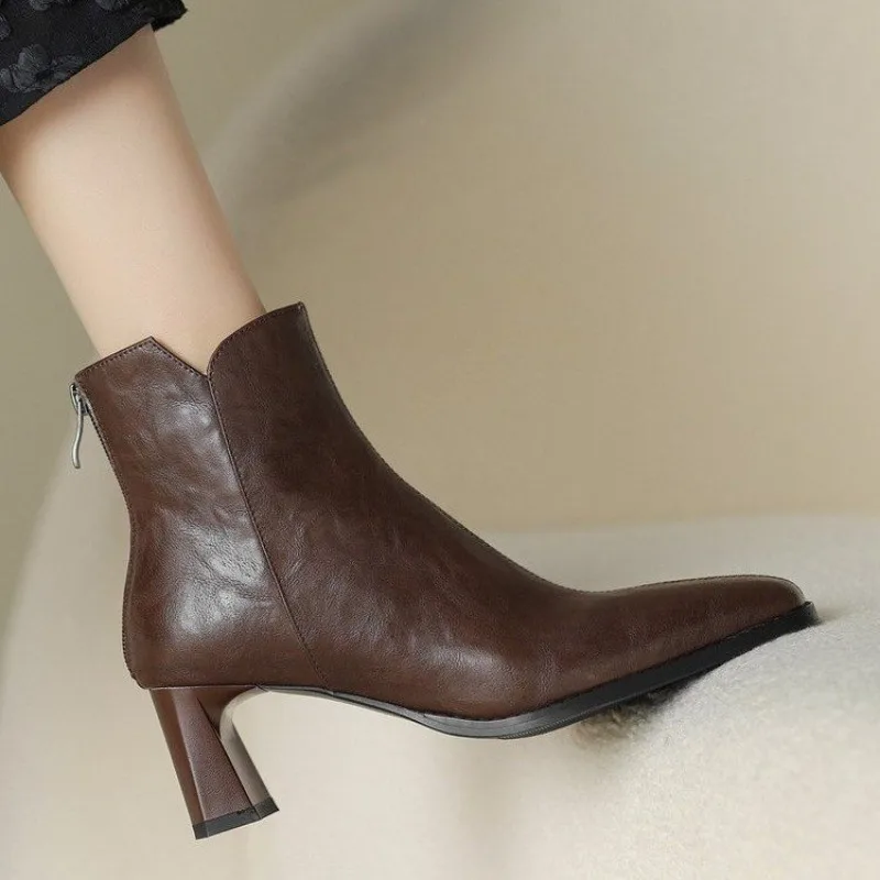 Autumn Winter New High Heels Women Short Boots Fashion Brown Pointed Toe Coarse Heel Ankle Boots Casual Lady Shoes Middle Boots