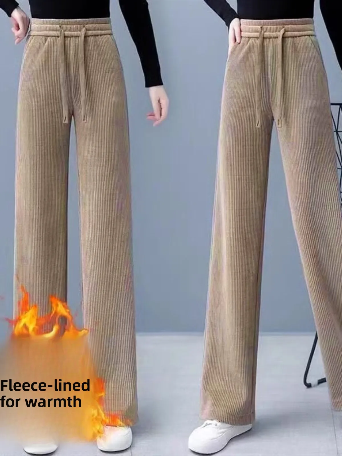 세이 브라운 Fce 안감 있는 하이웨이스트 스트레이트 레그 와이드 레그 팬츠 가을 겨울 테니드 루즈핏 편안한 유럽산 면