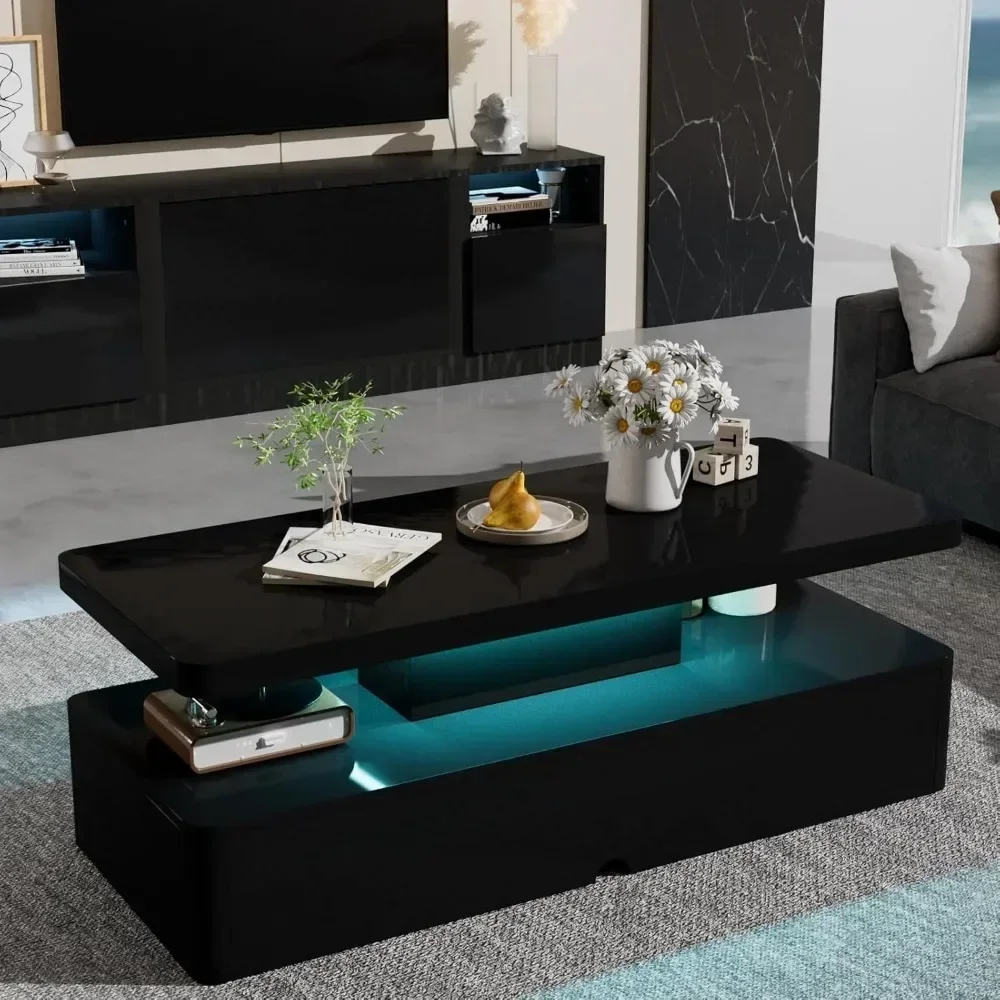 Modern Stylish Coffee Table with 16 Colors LED Lights, Double-Layer Design for Living Room