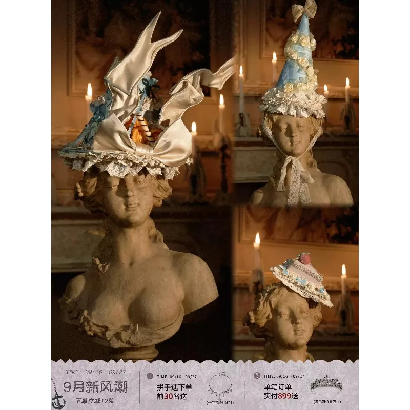 Vintage Cone‑shaped Party Hat for Women 3D Fabric Rose Flower Lace Bow with Long Ribbon Streamer Gothic Retro Cosplay Headwear
