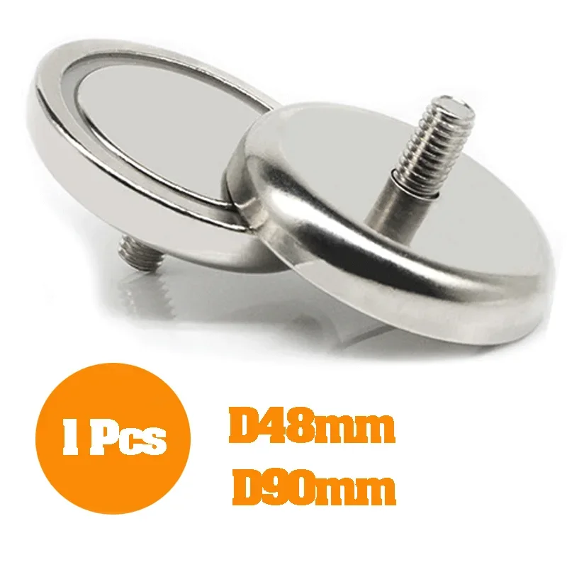 1 Pcs Neodymium Magnet Super Strong Pot Salvage Permanent Ndfeb Hook With External Threaded Rod D48mm D60mm D75mm D80mm D90mm