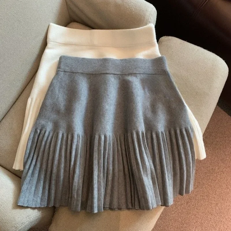 Khaki Knit Skirt Women\'s High Waist Pleated A-line Skirt Vintage Women Clothing