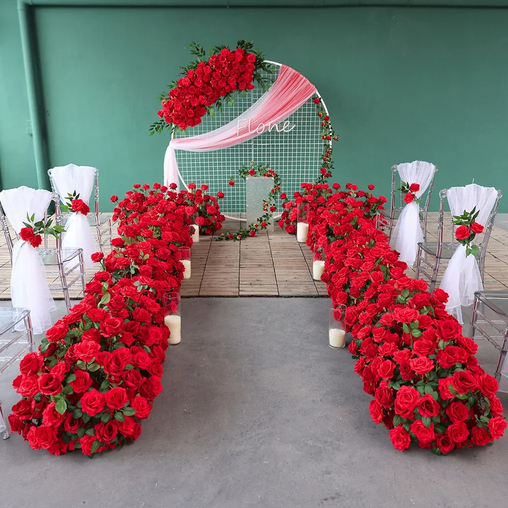 

Fleurs Artificielles Mariage Backdrop Decoration Custom High-end Red Rose Green Leaf Floor Floral Arrangement Deco Aisle HY2410