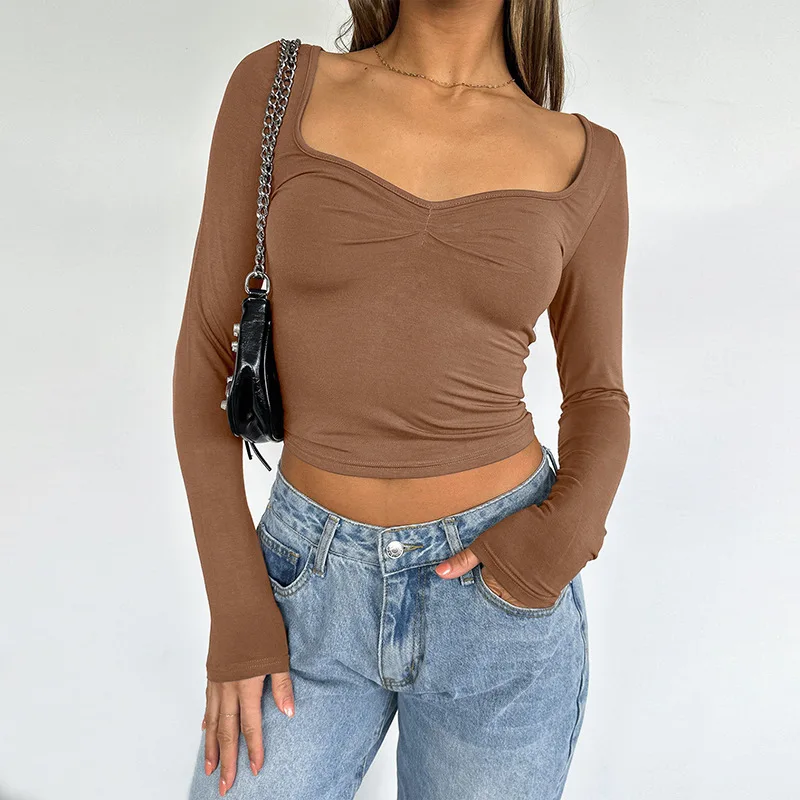 Solid Color Basic Square Collar Wrapped Chest Long Sleeved Tight Short Style Exposed Navel Sexy Versatile Pullover T-Shirt For