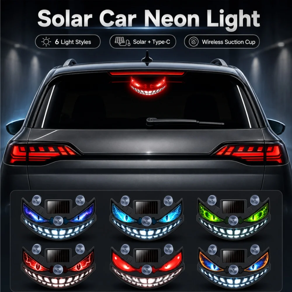 Solar Powered Car Neon Light Demon Eye Vibration Light Sensor Dual Charge Wireless Suction Cup Interior Atmosphere Lamp
