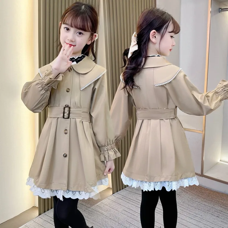 Long Trench Coats Fashion England Style Windbreaker Jacket 3-12 Y Girls Spring Autumn New Kids Lace Lower Hem Casual Clothing