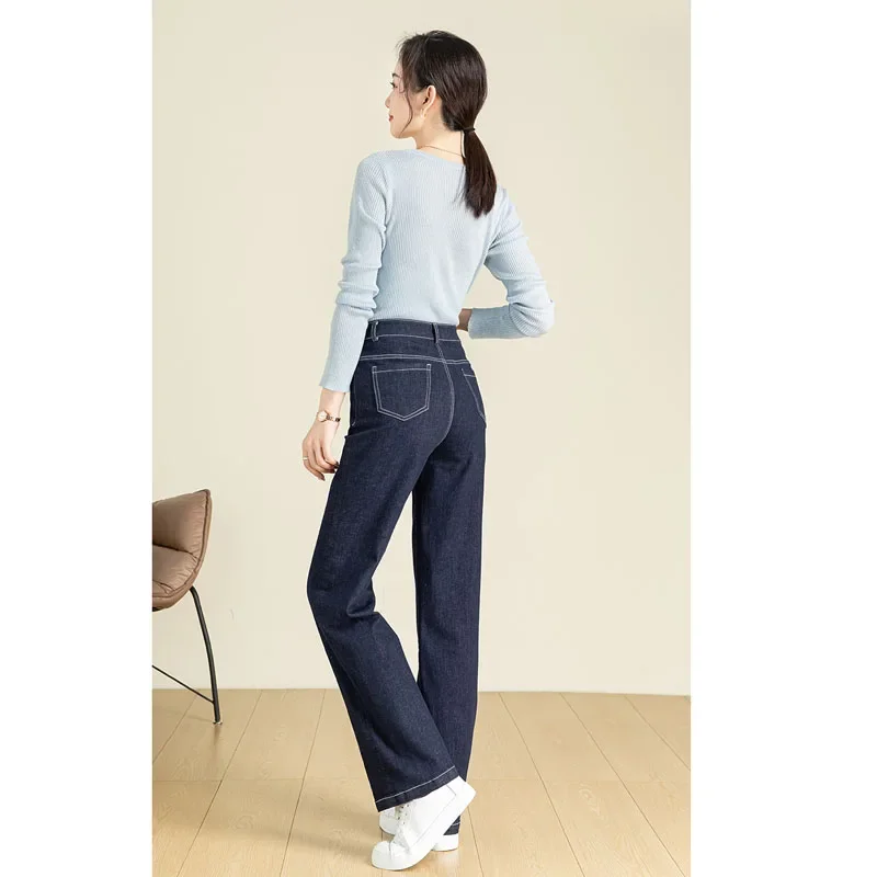 Jean Noir Taille Haute pour Femme, Pantalon à Jambes Larges, Coupe Droite, Bleu Foncé, Nouveau Modèle, Printemps Automne 2024