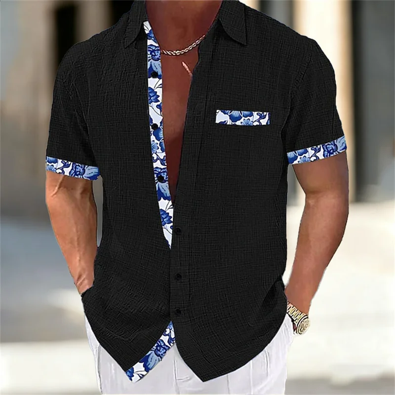 Men's Retro Blue and White Porcelain Patchwork Short-Sleeve Shirt, Breathable Cotton Linen Casual Loose-Fit Shirt, Sizes XS-6XL