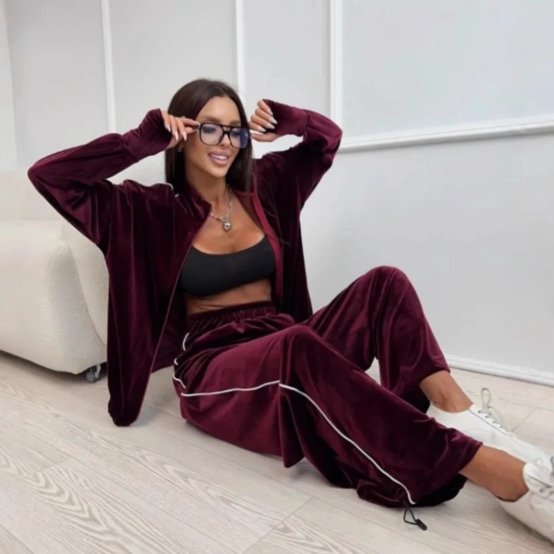 2026 New Women 2 Piece Velvet Tracksuit Zip Up Long Sleeve Jacket Elastic Waist Side Stripe Wide Leg Pants Casual Matching Set