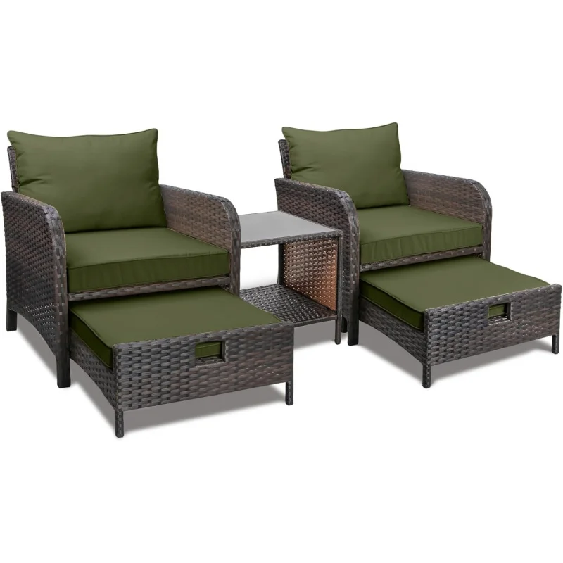 

5 Piece Balcony Patio Conversation Set, PE Wicker Rattan Outdoor Lounge Chairs with Soft Cushions, 2 Ottomans & Glass