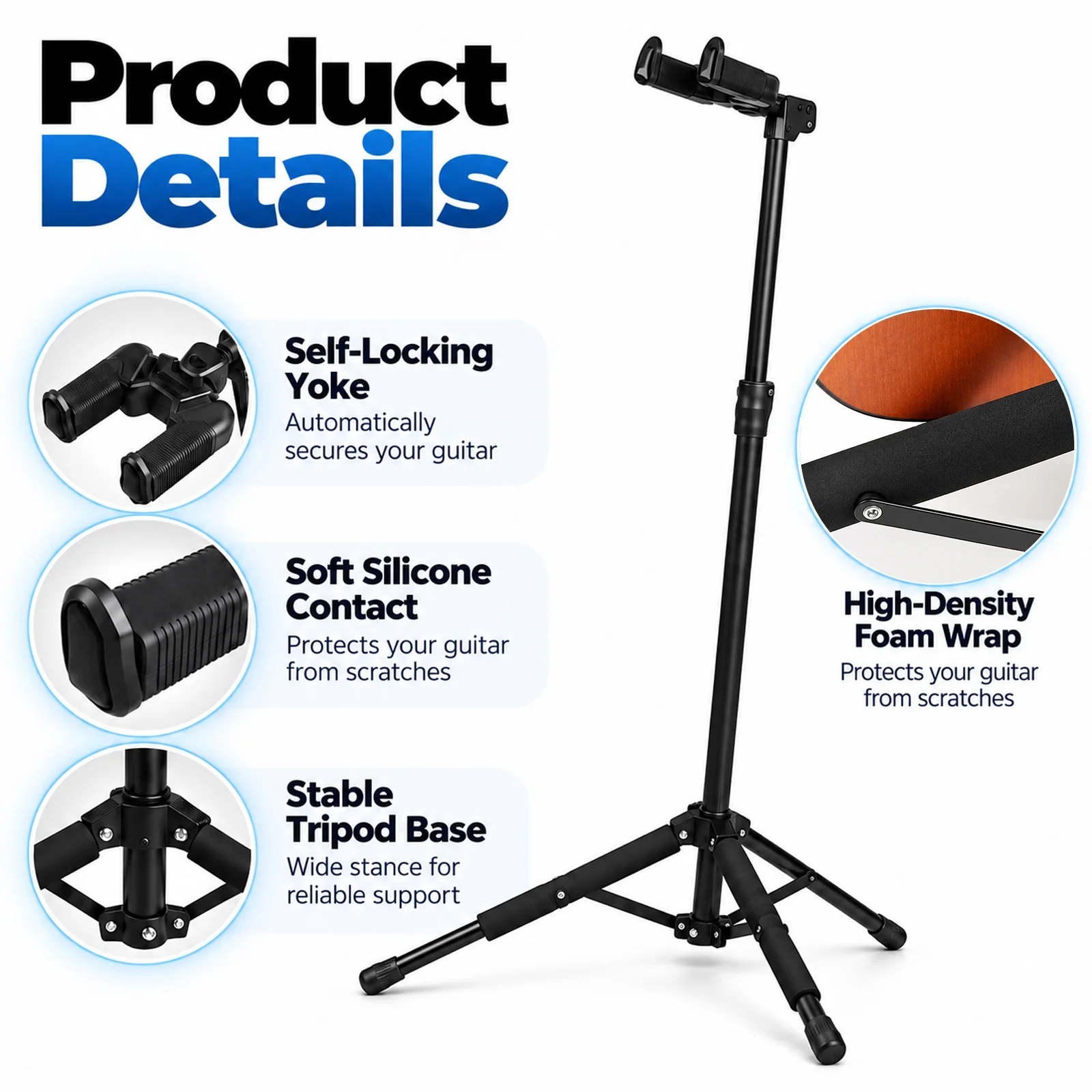 Guitar Floor Stand Single Tripod for Acoustic Electric Guitar and Bass Foldable Gravity Self Locking Guitar Display Rack