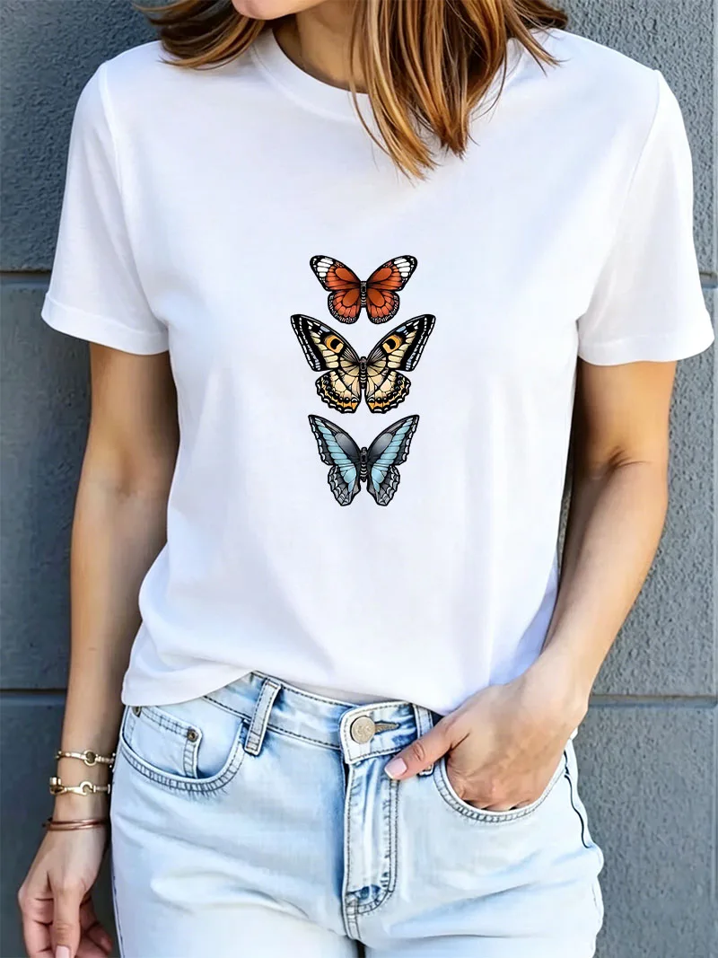 Vintage Butterfly Women's Casual Short Sleeved Crew Neck T-shirt Spring/summer Top Tee Graphic Shirt Woman Girls