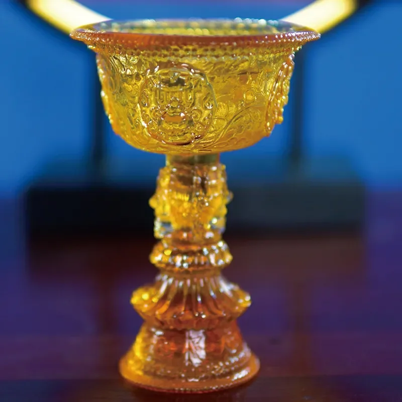 Tibetan Style High Footed Ghee Lamp Holder Ancient Glazed Seven Colors Eight Auspicious Buddhist Offering Cup for Home Altar