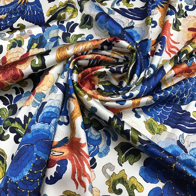 High Quality 40momme Silk Stretch Fabric Inkjet Printing Blue Background Satin Cheongsam Clothing