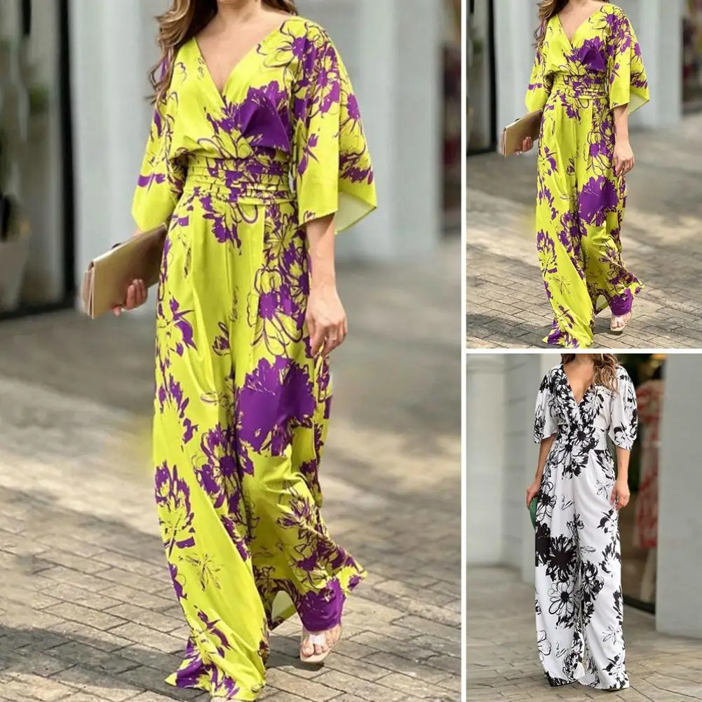 

Women Jumpsuit Summer Short Bat Sleeve V Neck Backless Nipped Waist Loose Wide Legs Casual Pants Romper High Streetwear