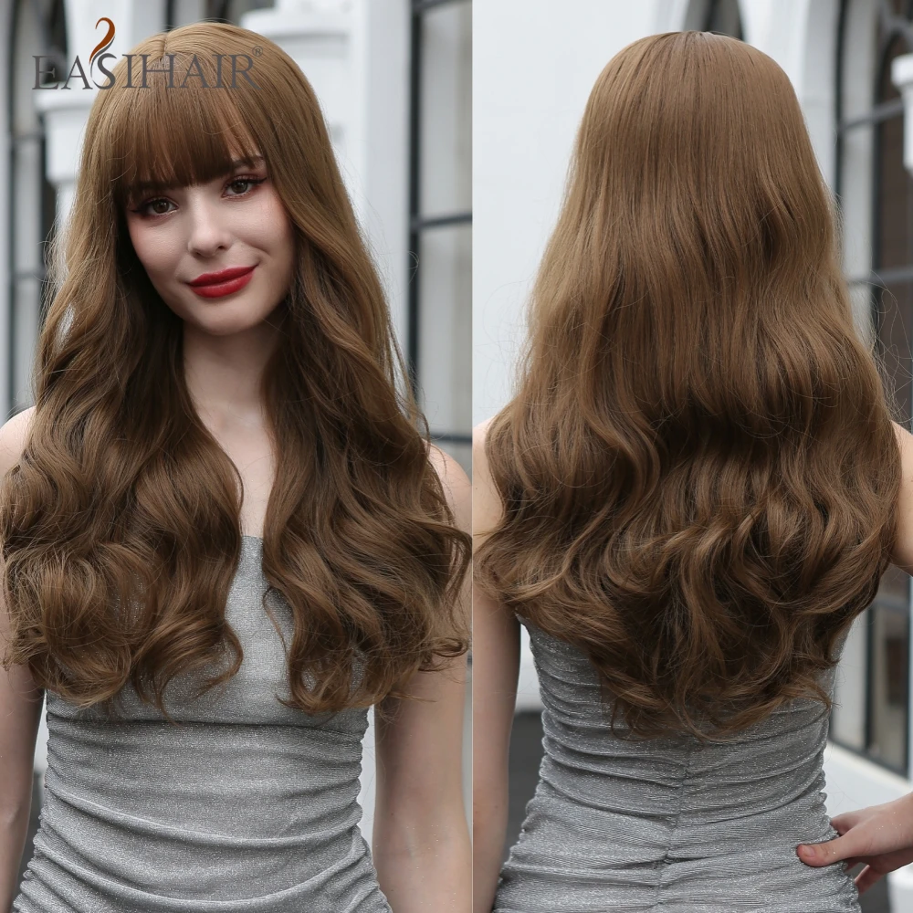 

EASIHAIR Long Wavy Brown Synthetic Wigs with Bangs Natural Ash Brown Women Hair Wig for Daily Cosplay Party Heat Resistant Fiber