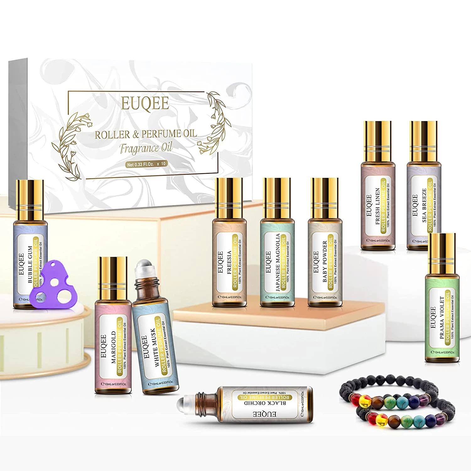 EUQEE 10PCS Roll On Fragrance Oils Gift Set-White Musk Coconut Vanilla Fresh Linen Bubble Gum Sea Breeze Parma Violet Aroma Oils