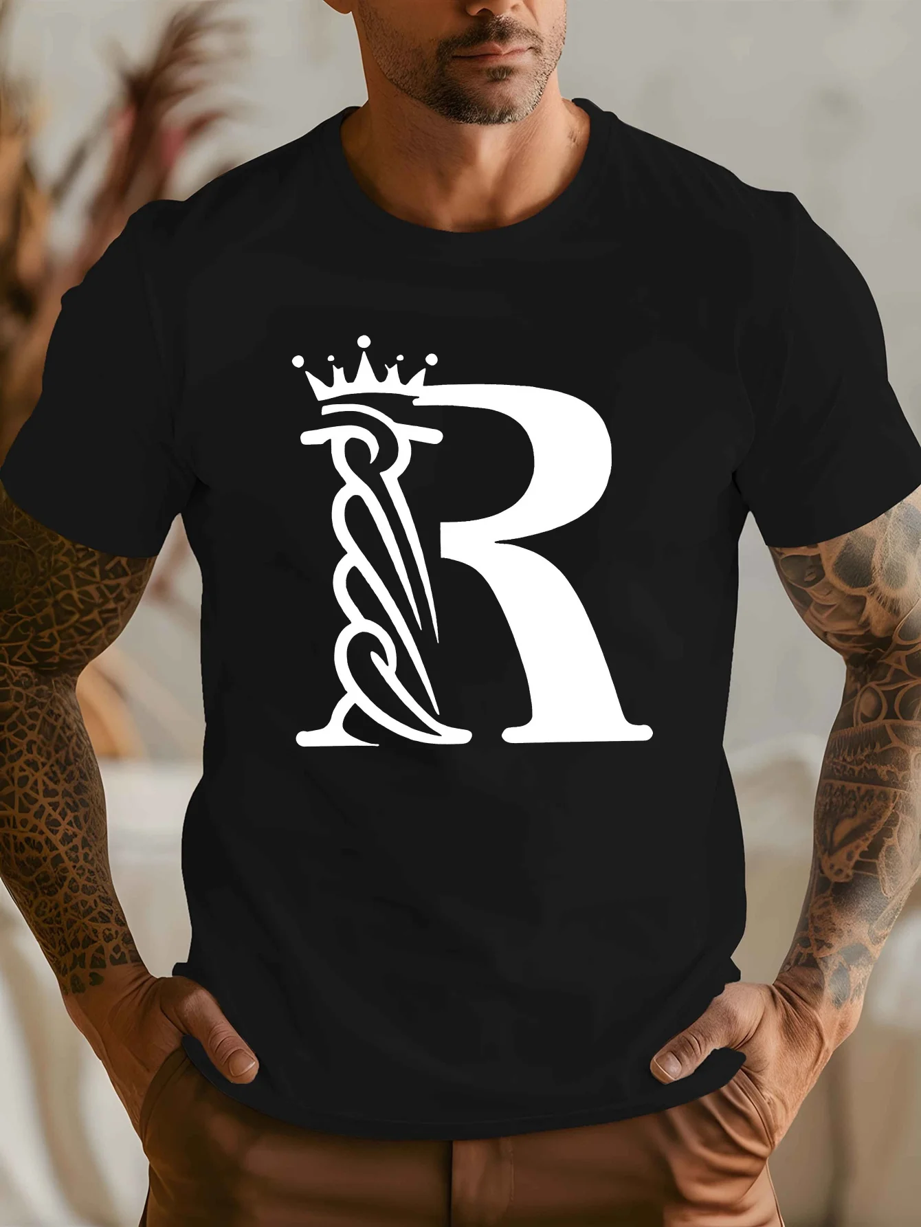 Crown Wing Letter R Monogram Graphic Mens Crew Neck T Shirt Stylish Symbol Print Short Sleeve Casual Cotton Daily Summer Tops