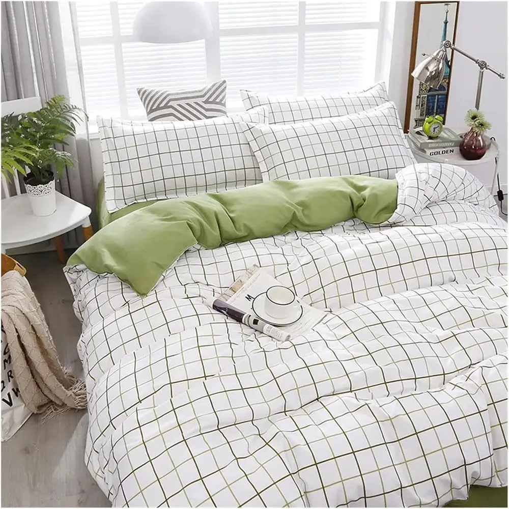 

Winter ashion Bedding Set - White & Green Double Bed Linens, Queen Size Duvet Cover, Pillowcases, lat Sheet, Classic Grid Design