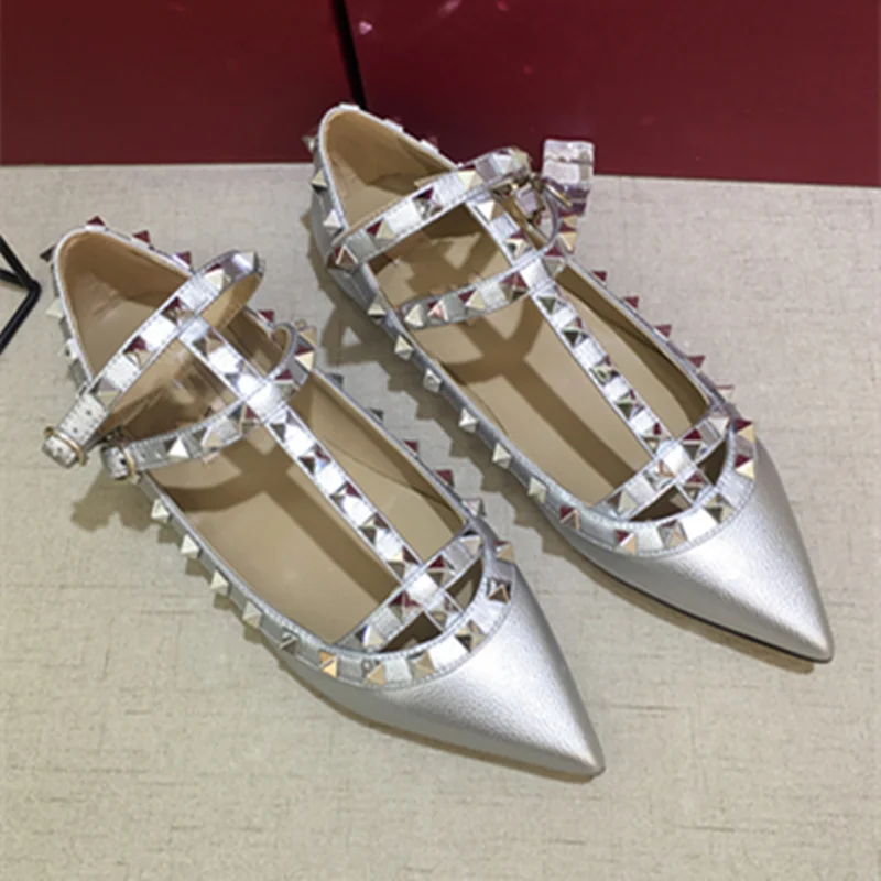 Women Fashionable T-strap Buckle Studded Sandals Pointy Toe Chaussure Gold Silver Grey Litchi Flat Shoes Leather And Matte 32-44