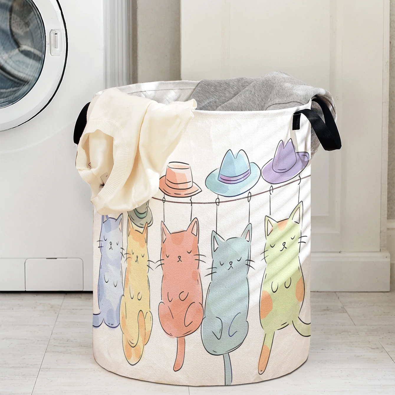 Colorful Cats with Hats Print Foldable Large Capacity Storage Bucket, Children's Toy and Clothing Storage, Home Bathroom