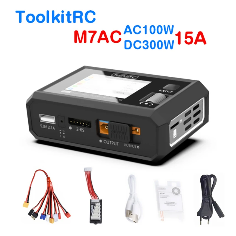 

ToolkitRC M7AC 2-6S AC 100W DC 300W Input XT60 XT30 Output Dual Smart Charger Multi-Functionality Signal Tester Drone Charge