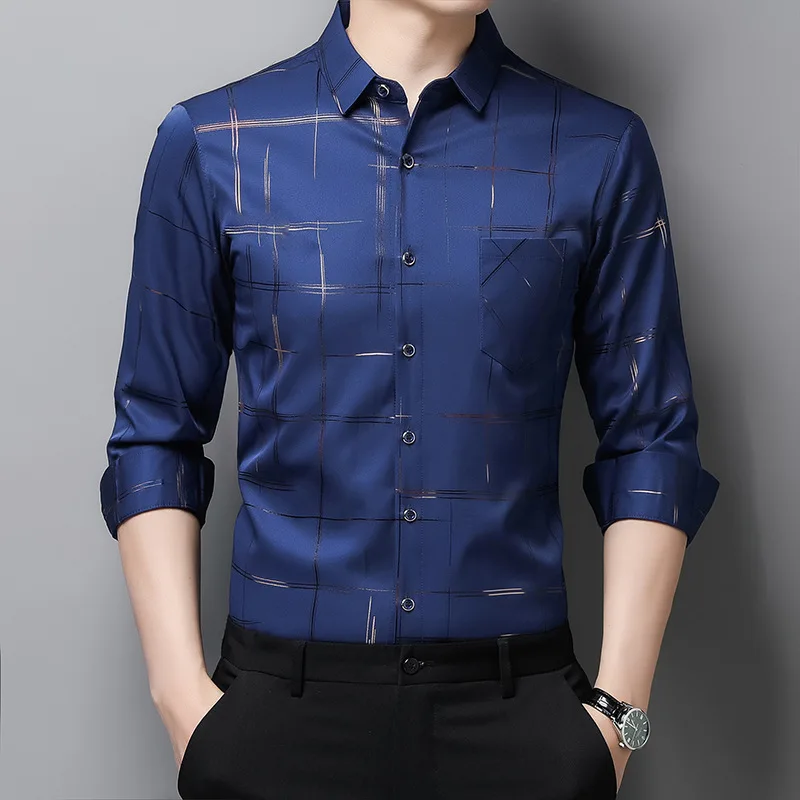 New Argyle Men\'s Dress Shirts MaleHigh Quality Long Sleeve Slim BusinessCasual Shirt Turn Down Collar Stripes Single-preasted